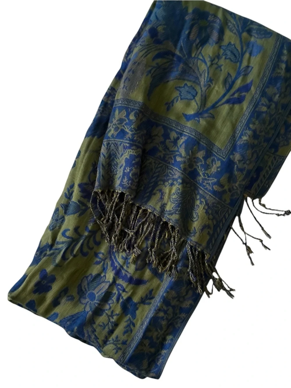 Blue Green Shawl Wrap Scarf Fringe Paisley Jacquard Pashmina Hijab